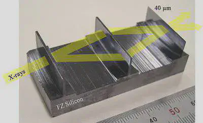 図1: シリコン単結晶でできている Bonse-Hart 型Ｘ線干渉計（‘LLL’と呼ばれるタイプ）。結晶格子によるブラッグ回折によってＸ線（黄色線）が分割・結合されます。 高分解能化のための工夫として、右端の結晶板は厚さわずか 40 ミクロンで製作してあります。